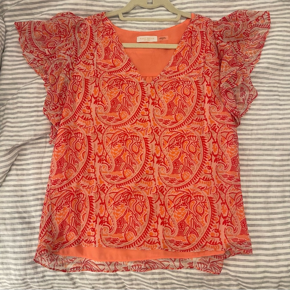 Ramy Brook Pink and Orange Flutter Sleeve Ruffled Silk Blouse